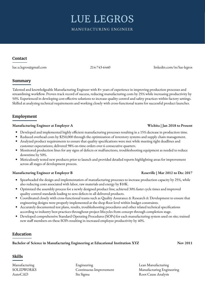 Manufacturing Engineer Resume