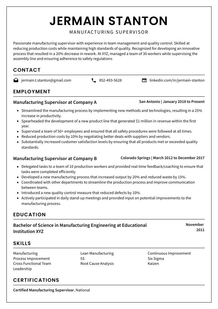 Manufacturing Supervisor Resume CV Example And Writing Guide