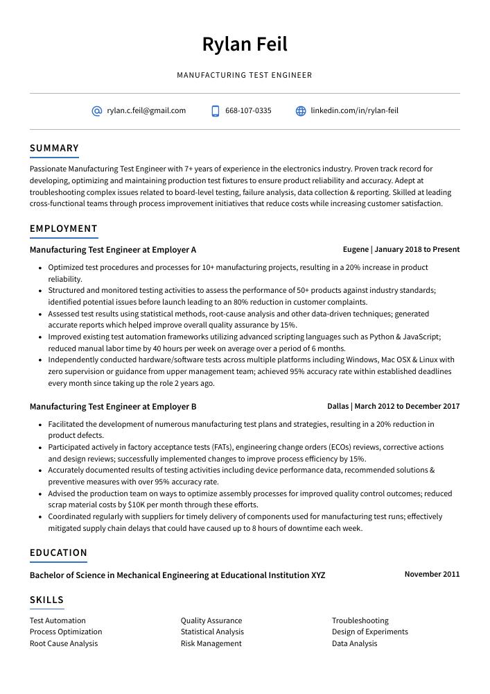 Manufacturing Test Engineer Resume