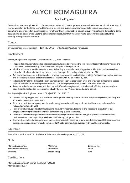 resume objectives sample for marine engineer