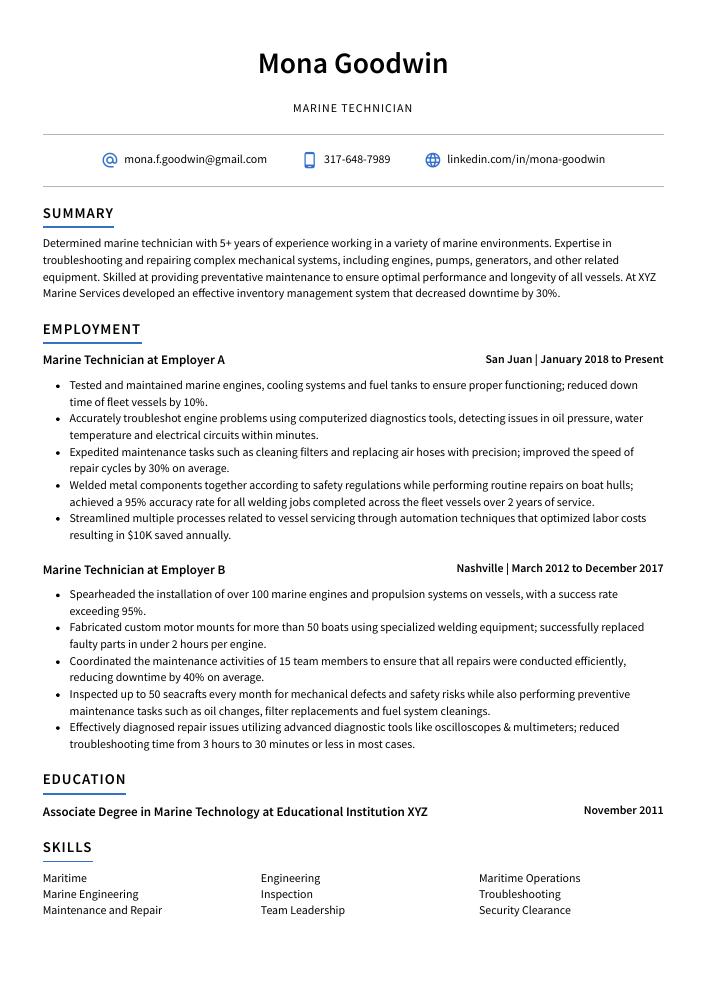 Marine Technician Resume