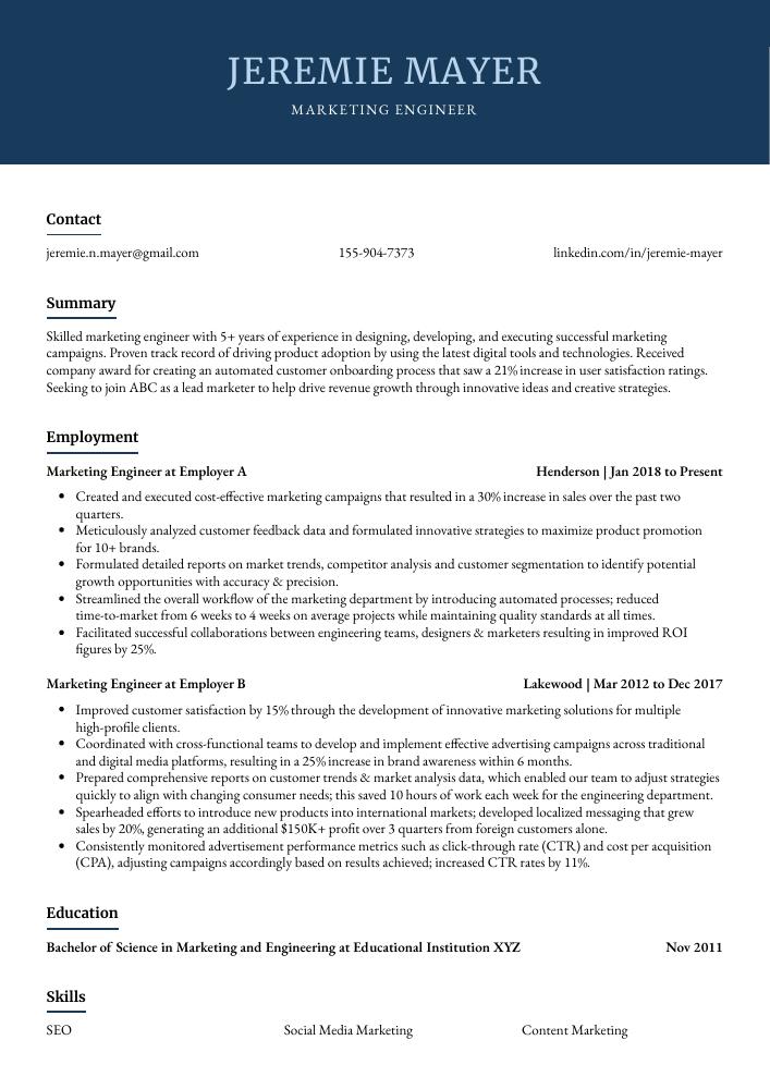 Marketing Engineer Resume