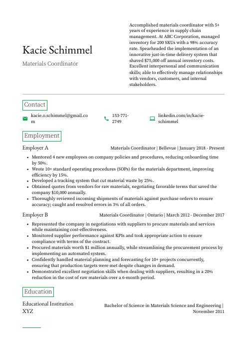 Materials Coordinator Resume (CV) Example and Writing Guide