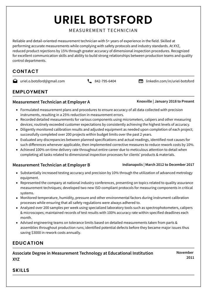 Measurement Technician Resume