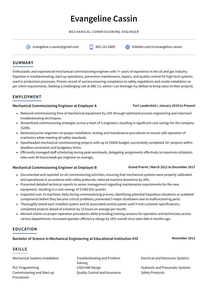 Mechanical Commissioning Engineer Resume