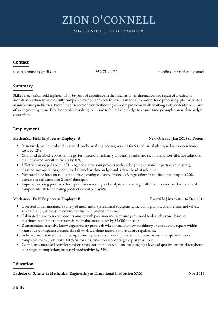 Mechanical Field Engineer Resume