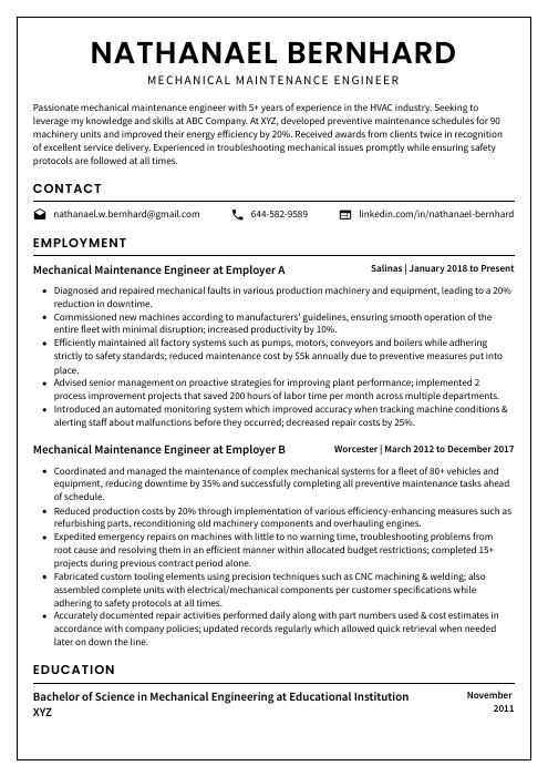 Mechanical Maintenance Engineer Resume CV Example And Writing Guide   Mechanical Maintenance Engineer Resume Template Cormorant 