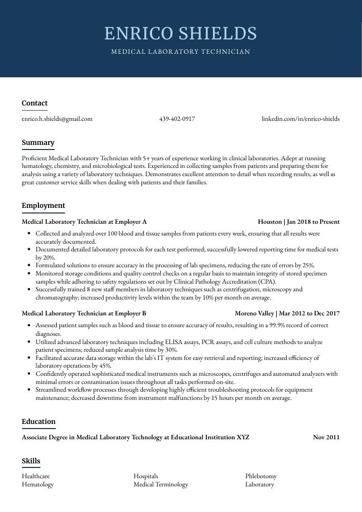 medical technologist resume examples