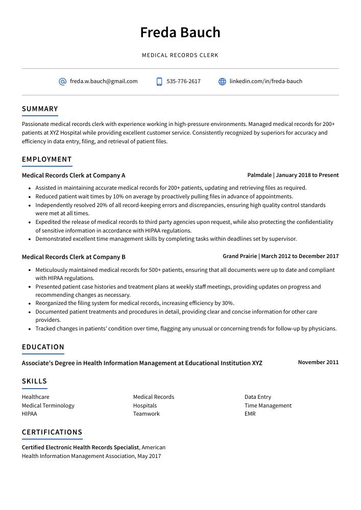 Medical Records Clerk Resume CV Example And Writing Guide