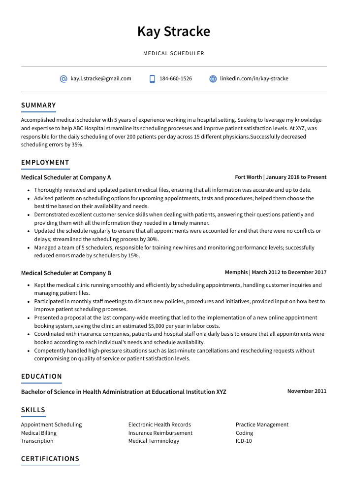 Medical Scheduler Resume (CV) Example and Writing Guide