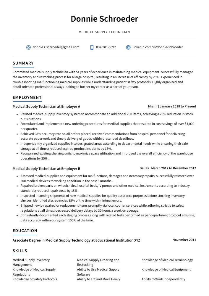 Medical Supply Technician Resume