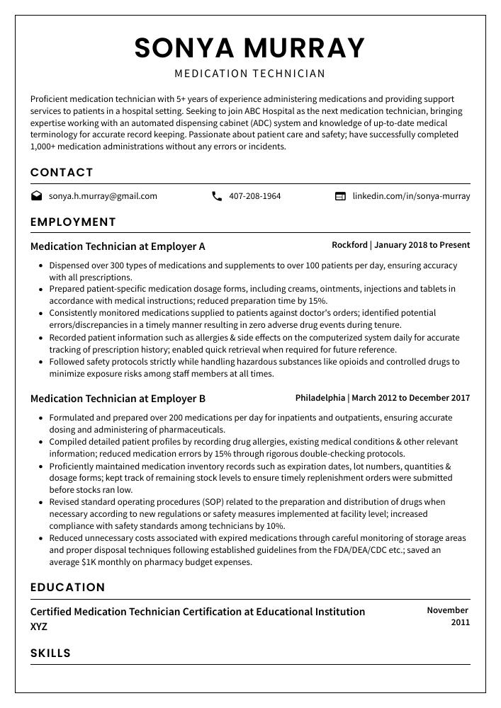 Medication Technician Resume