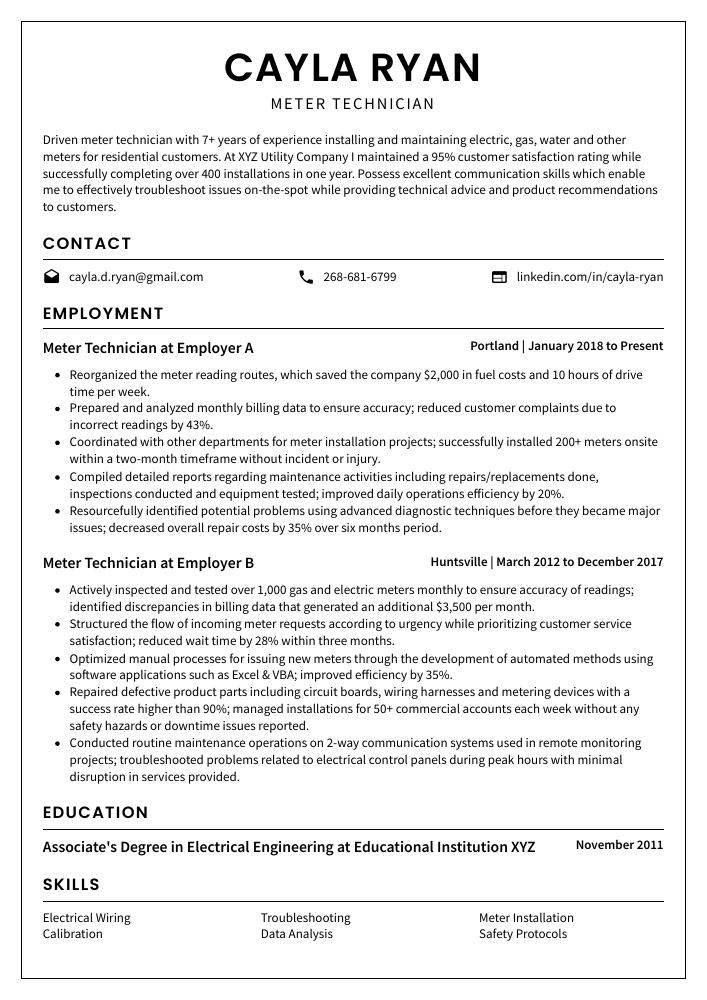 Meter Technician Resume