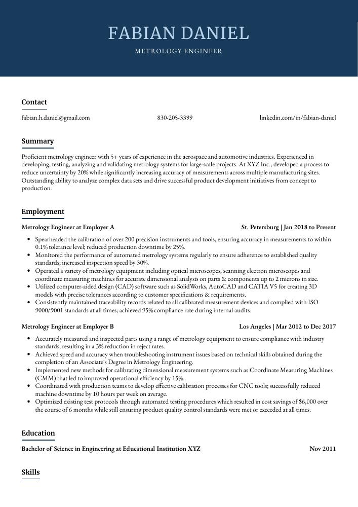 Metrology Engineer Resume