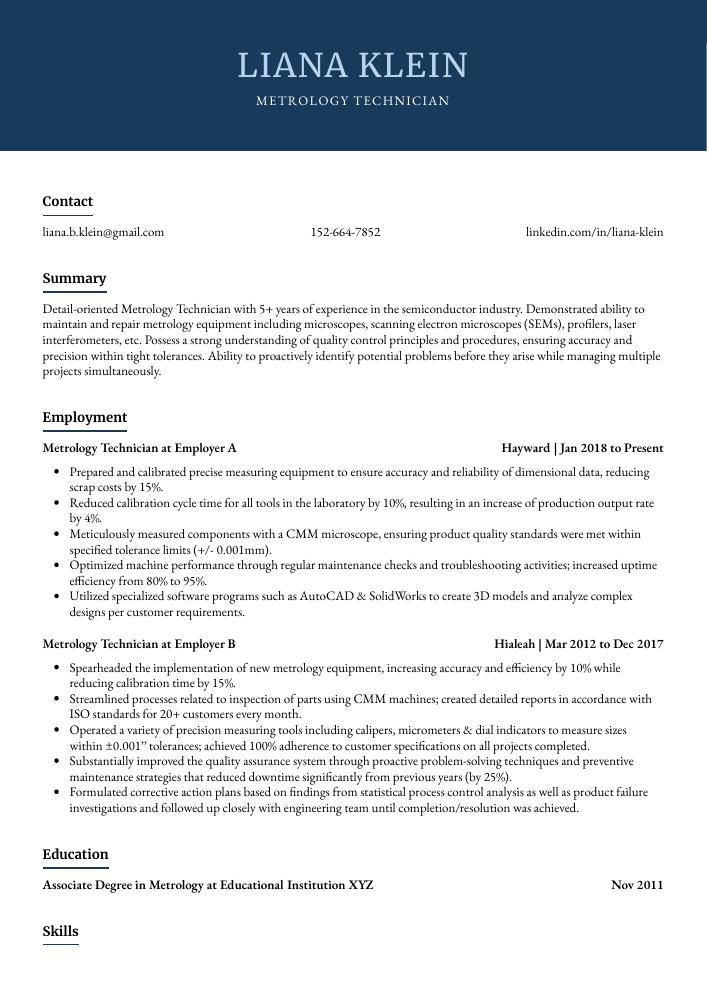 Metrology Technician Resume