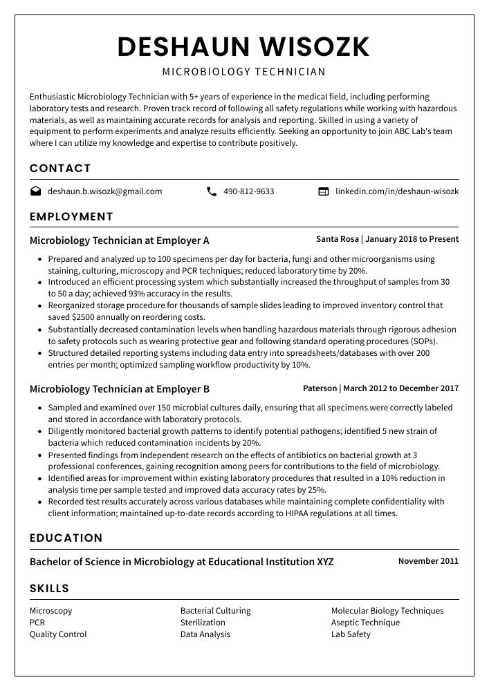 Microbiology Technician Resume