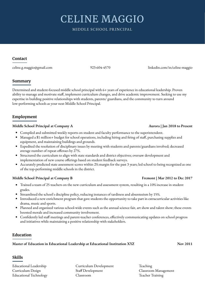 Middle School Principal Resume