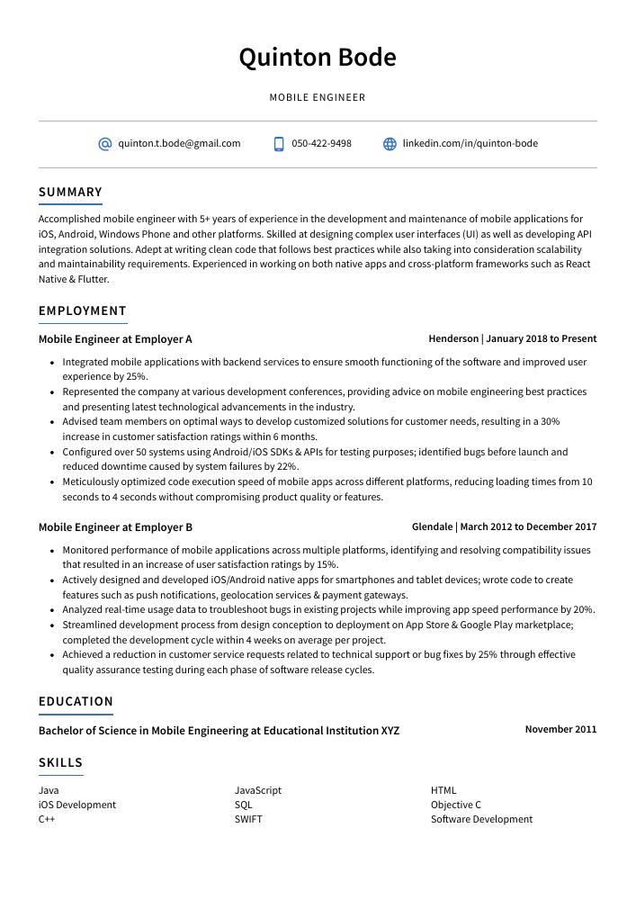 Mobile Engineer Resume