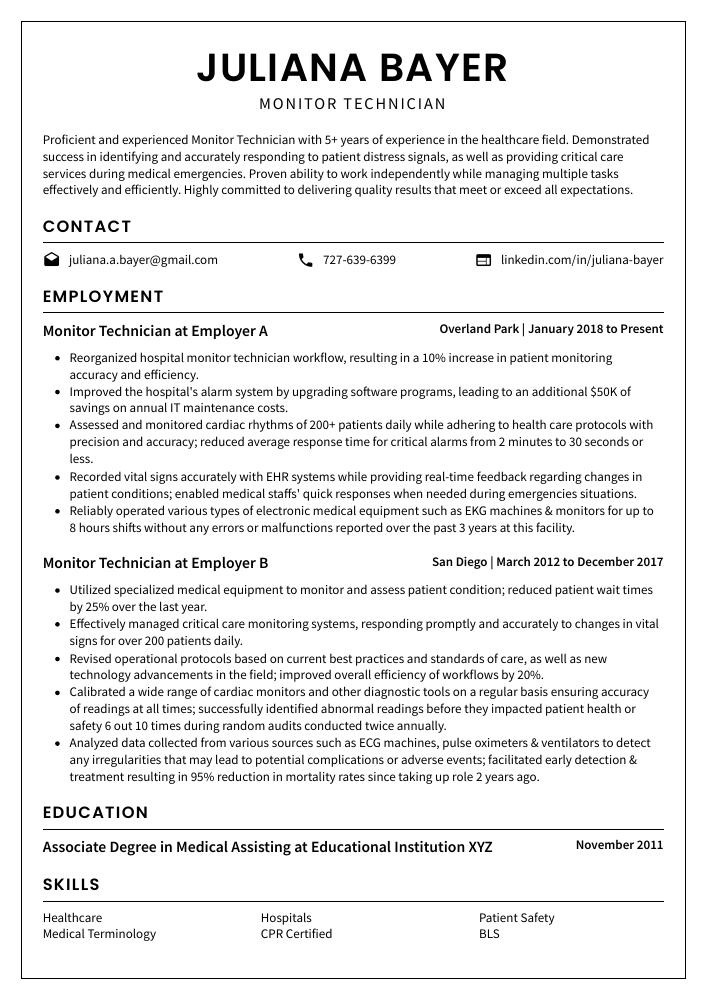 Monitor Technician Resume