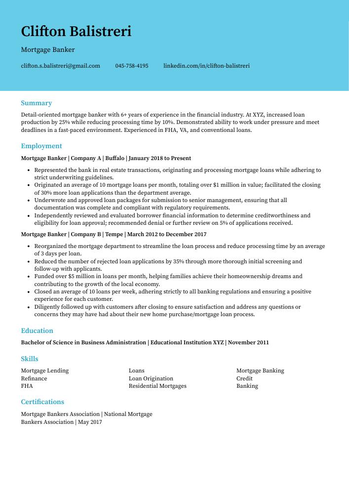 Mortgage Banker Resume CV Example And Writing Guide   Mortgage Banker Resume 