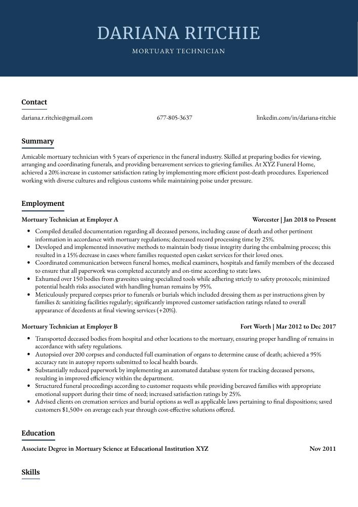 Mortuary Technician Resume