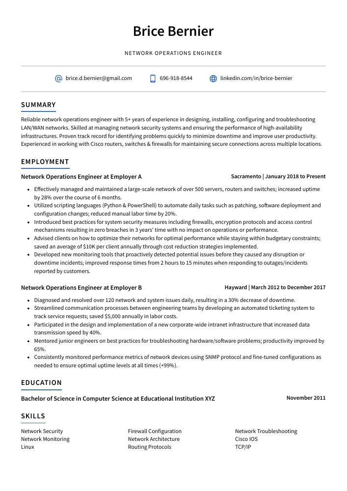 Network Operations Engineer Resume