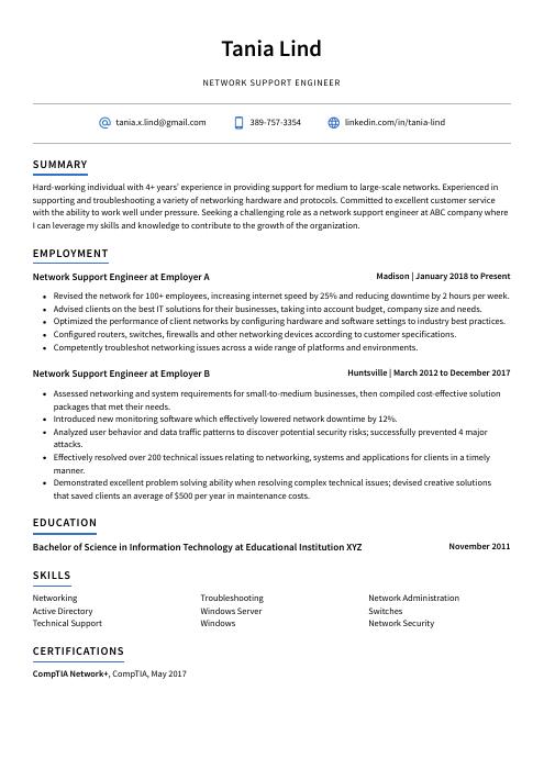 Network Support Engineer Resume (cv) Example And Writing Guide