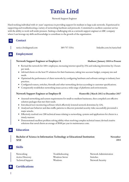 resume for experienced network support engineer