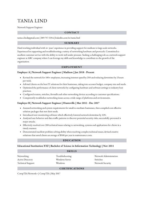 network support engineer resume description