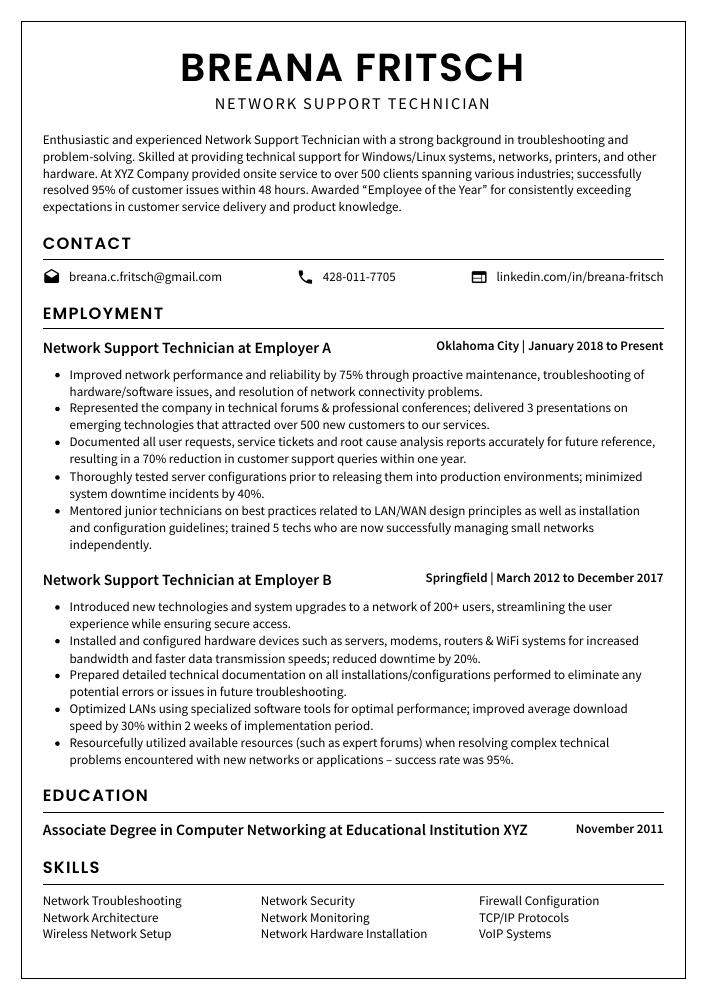 Network Support Technician Resume