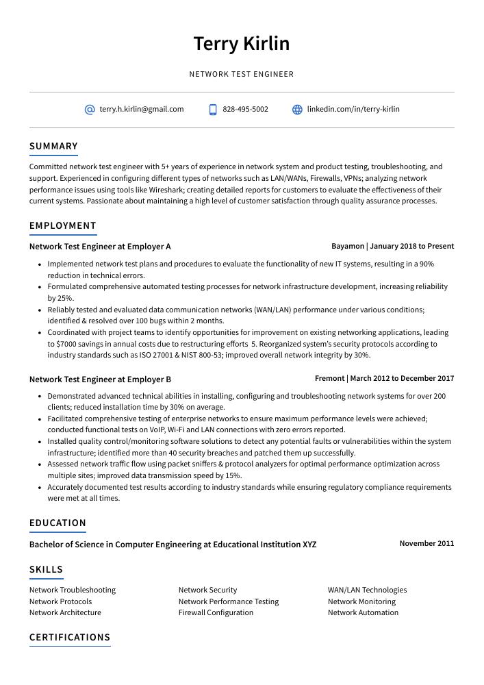 Network Test Engineer Resume