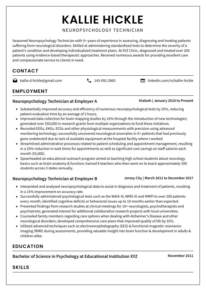 Neuropsychology Technician Resume