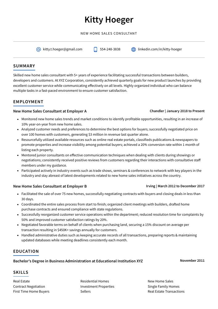 New Home Sales Consultant Resume