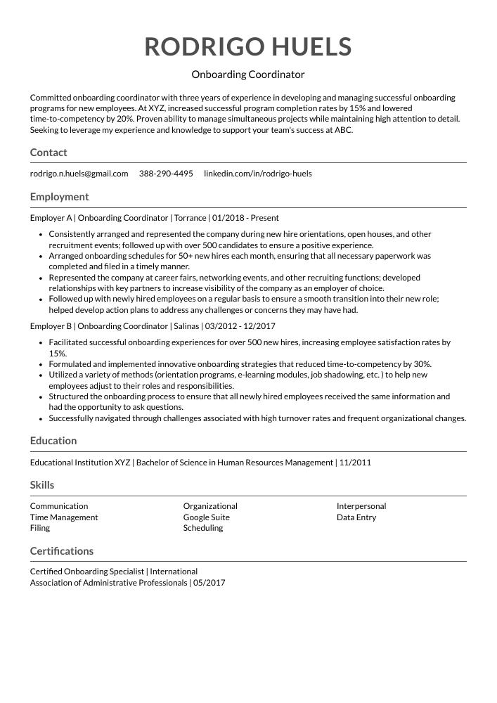 Onboarding Coordinator Resume