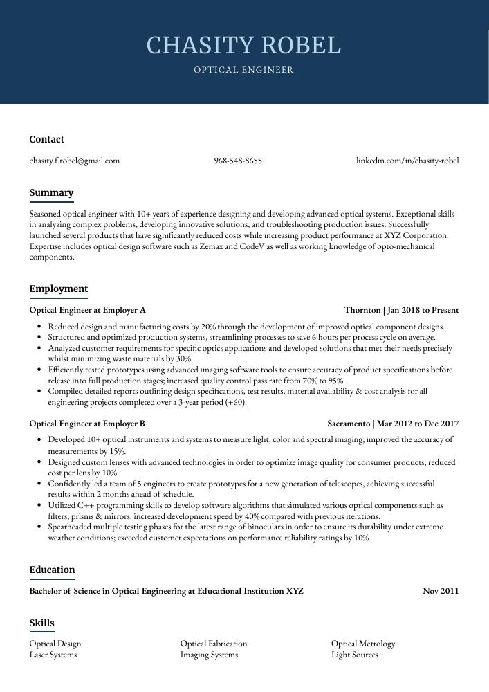 Optical Engineer Resume