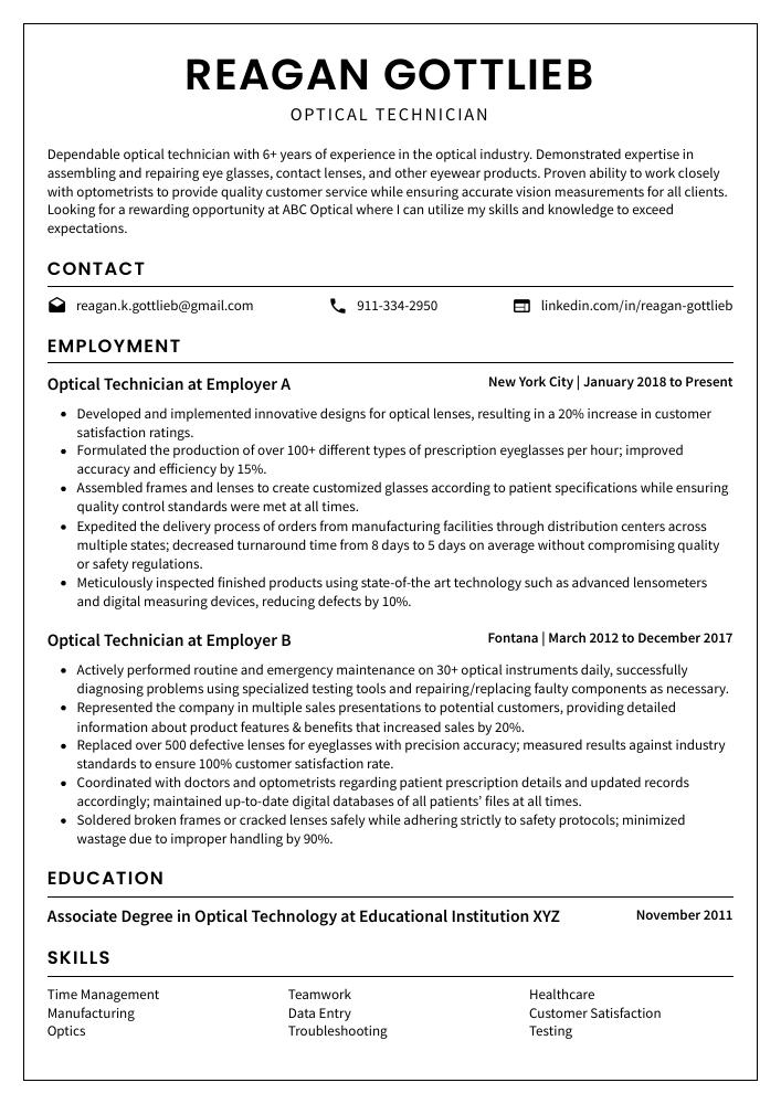 Optical Technician Resume