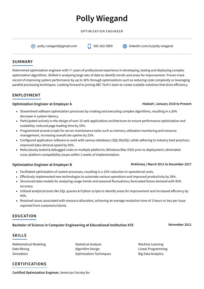 Optimization Engineer Resume