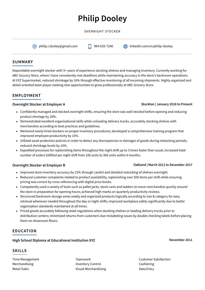 Overnight Stocker Resume