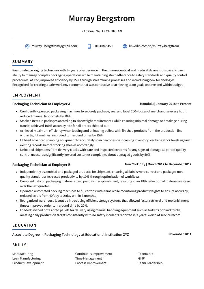 Packaging Technician Resume