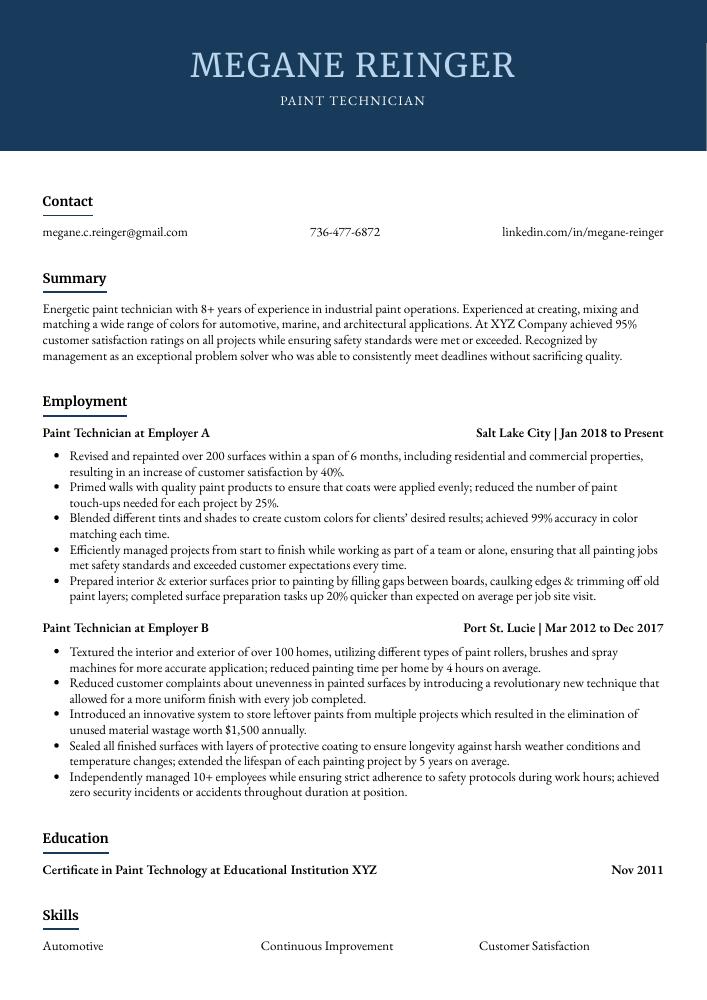 Paint Technician Resume