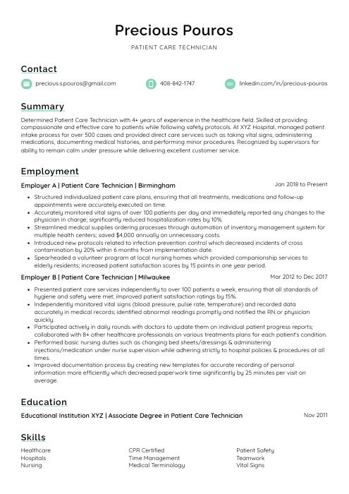 Patient Care Technician Resume (CV) Example and Writing Guide