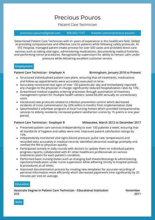 Patient Care Technician Resume (CV) Example and Writing Guide