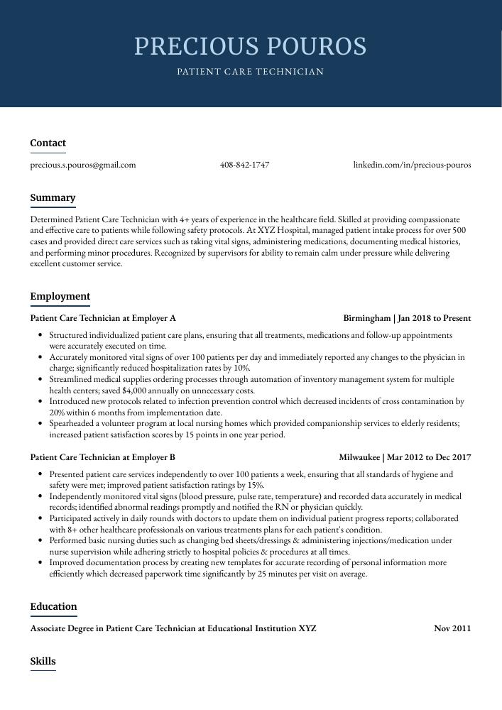 Patient Care Technician Resume (CV) Example and Writing Guide