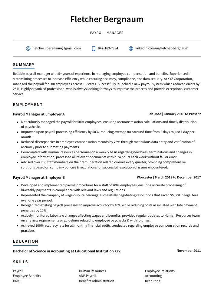 Payroll Manager Resume