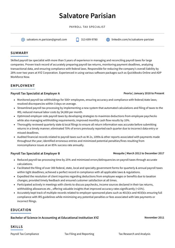 Payroll Tax Specialist Resume