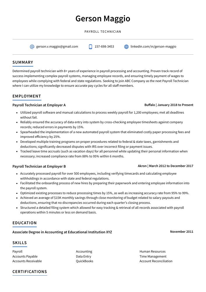 Payroll Technician Resume