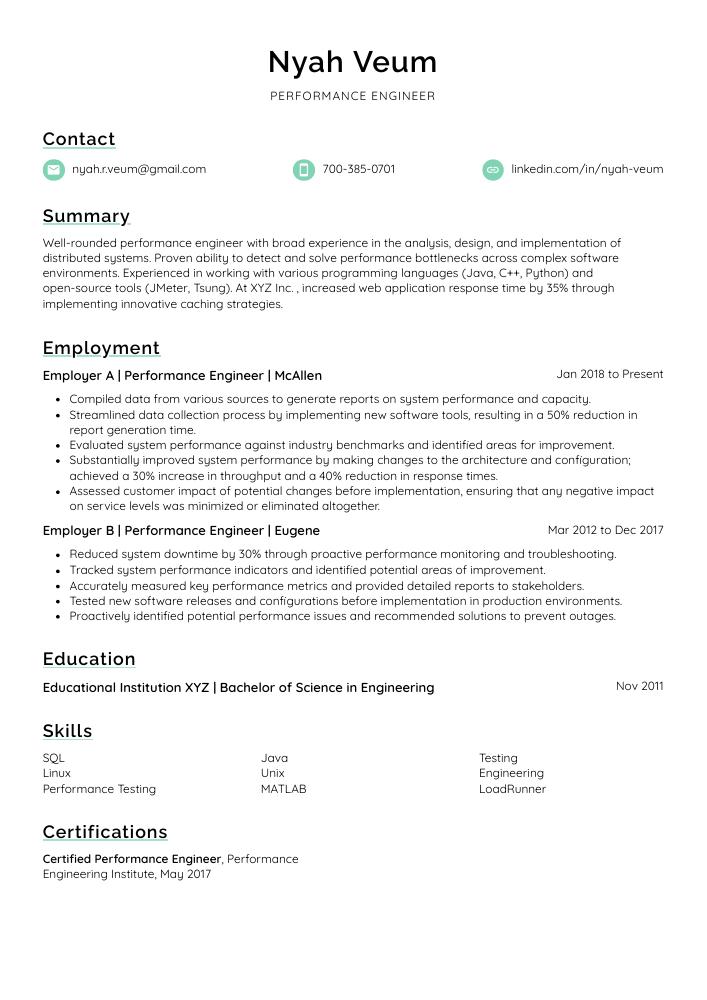 Performance Engineer Resume CV Example and Writing Guide