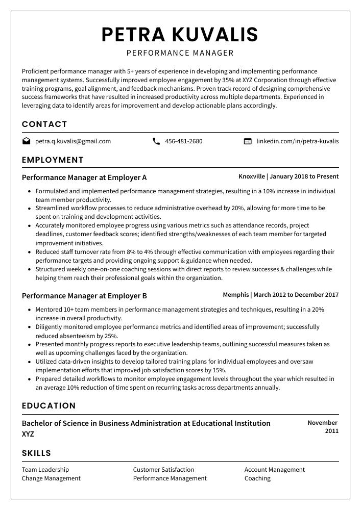 Performance Manager Resume