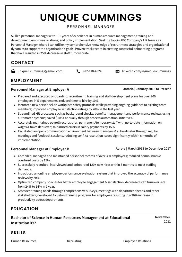 Personnel Manager Resume