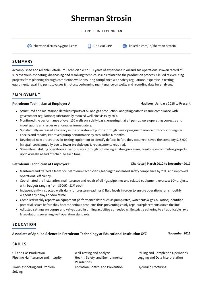 Petroleum Technician Resume